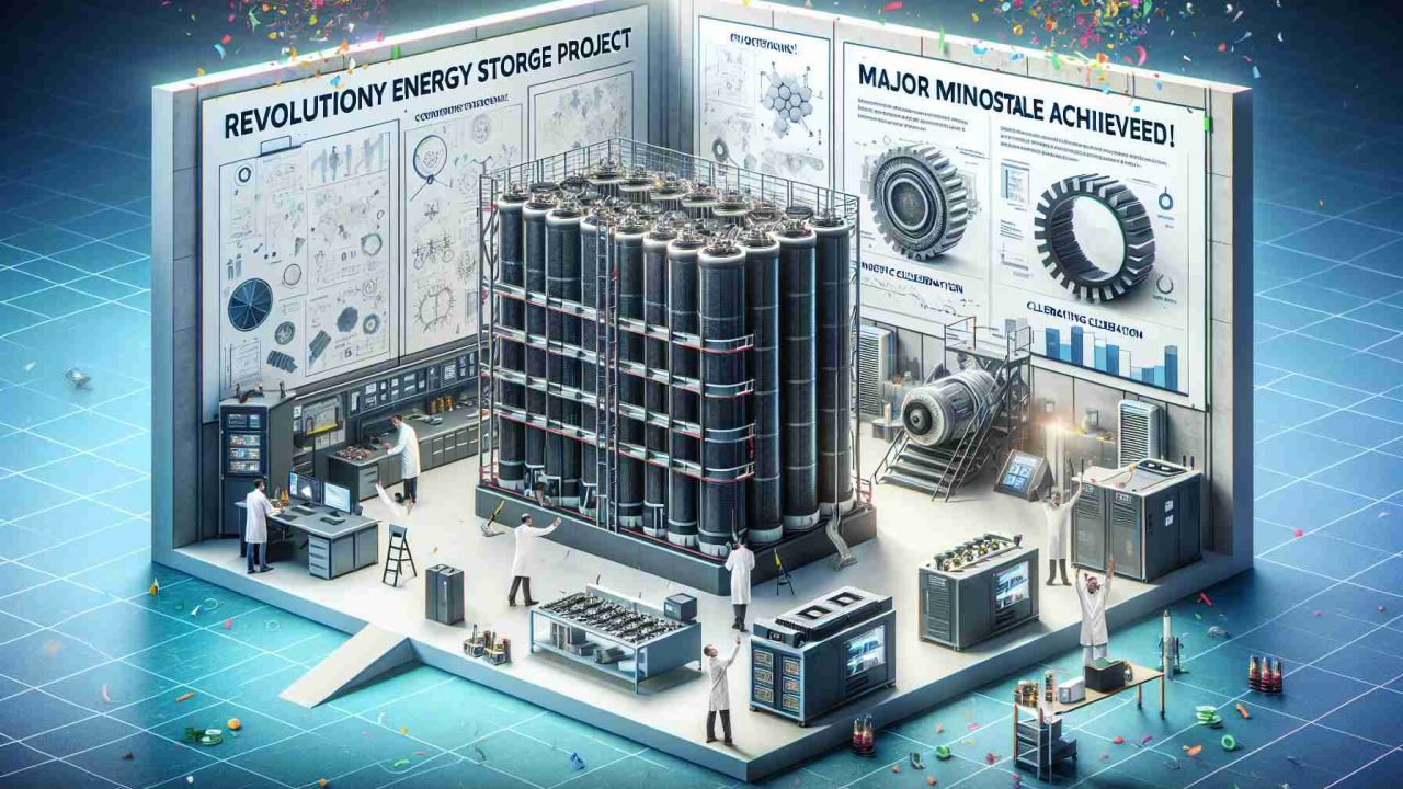 Create a realistic HD image illustrating a major milestone in a revolutionary energy storage project. The image should include the headline 'Revolutionary Energy Storage Project Funded! Major Milestone Achieved.' This scene should depict elements like large cutting-edge batteries or generators, complex diagrams, scientists working dedicatedly, alongside with funding celebration elements like confetti or a celebratory banner. The setting could be a modern laboratory or research facility.