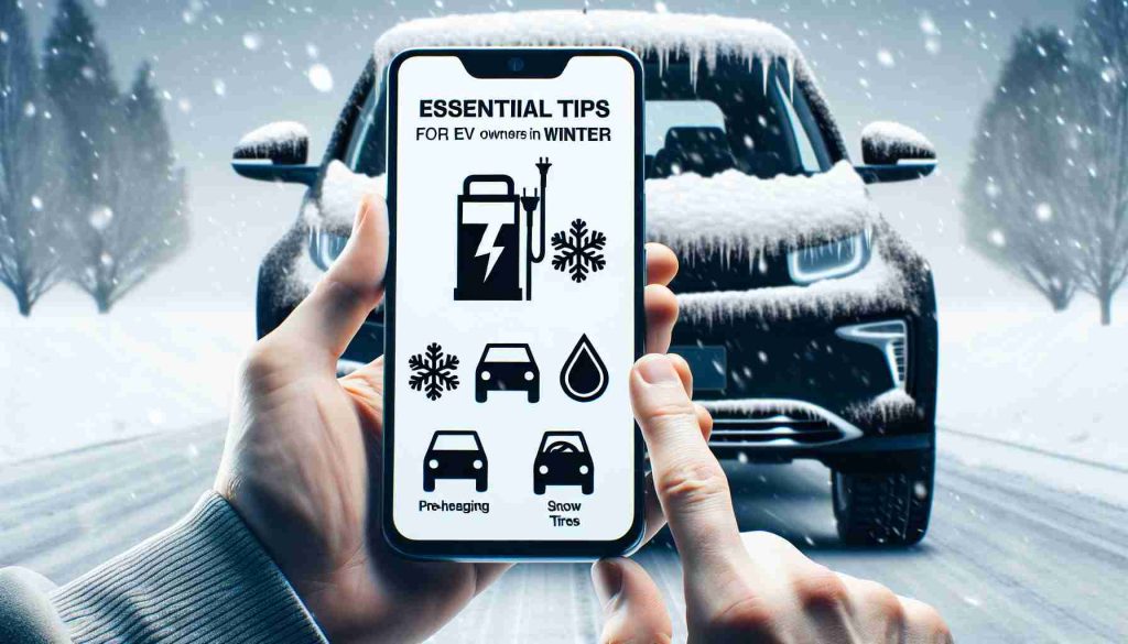 Create a realistic HD image of an electric vehicle (EV) parked in a snowy environment with falling snowflakes. In the foreground, a direct point of view shot of a mobile device shows a guide labelled 'Essential Tips for EV Owners in Winter'. The page on the device shows silhouetted tips images: a car battery symbol indicating to maintain the battery temperature, a snowflake symbol recommending pre-heating the car, a charging icon advising on charging habits, and a snow tire symbol suggesting snow tires for winter.