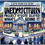 Create an image representing the headline: 'Unexpected Turn in Tarrytown: Project Vote Delayed! What’s Behind It?' The scene should display the essence of a small-town municipal meeting in which a key vote for a proposed project has been unexpectedly postponed. Try to convey confusion and intrigue. Important elements could include the city hall building, citizens expressing surprise, and local newspaper reporters trying to find out the reason for the delay.