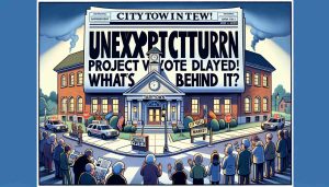 Create an image representing the headline: 'Unexpected Turn in Tarrytown: Project Vote Delayed! What’s Behind It?' The scene should display the essence of a small-town municipal meeting in which a key vote for a proposed project has been unexpectedly postponed. Try to convey confusion and intrigue. Important elements could include the city hall building, citizens expressing surprise, and local newspaper reporters trying to find out the reason for the delay.