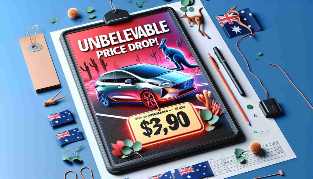 Create a high-definition, realistic image centered around the theme 'Unbelievable Price Drop!'. It shows an attention-grabbing advertisement for a newly released hybrid vehicle in Australia that is budget-friendly. The ad is adorned with symbols associated with Australia such as kangaroos and eucalyptus leaves. The colors are vibrant, capturing the viewer's attention and the hybrid vehicle showcased, has sleek and modern lines signifying its efficient performance.