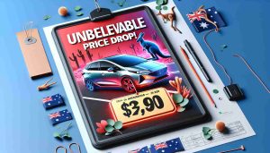 Create a high-definition, realistic image centered around the theme 'Unbelievable Price Drop!'. It shows an attention-grabbing advertisement for a newly released hybrid vehicle in Australia that is budget-friendly. The ad is adorned with symbols associated with Australia such as kangaroos and eucalyptus leaves. The colors are vibrant, capturing the viewer's attention and the hybrid vehicle showcased, has sleek and modern lines signifying its efficient performance.