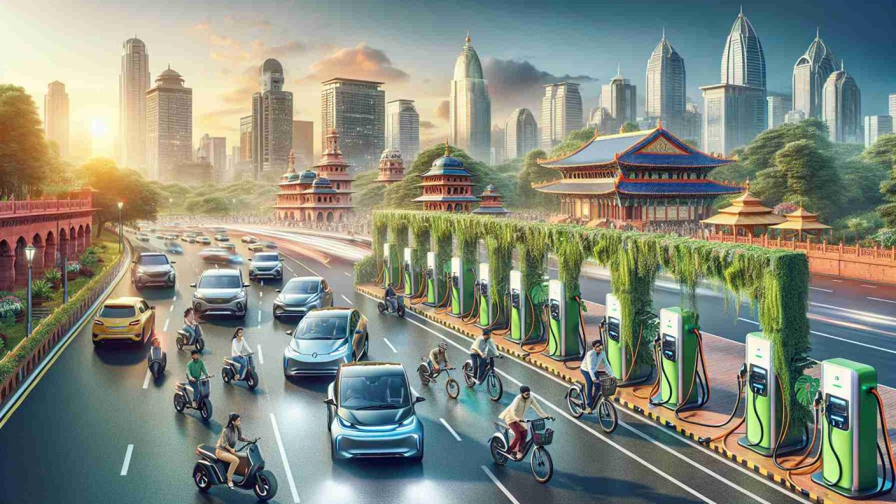 A high-definition, realistic image portraying the rising trend of the electric vehicle (EV) revolution in India. Show the transformation in urban transportation with electric cars from various brands feeding into charging stations, cyclists commuting on electric bikes, and the bustling city background with abundant greenery to represent sustainability. Incorporate visual elements such as Indian culture, traditional architecture, and advanced technology to highlight this shift in gears towards a greener future.