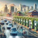 A high-definition, realistic image portraying the rising trend of the electric vehicle (EV) revolution in India. Show the transformation in urban transportation with electric cars from various brands feeding into charging stations, cyclists commuting on electric bikes, and the bustling city background with abundant greenery to represent sustainability. Incorporate visual elements such as Indian culture, traditional architecture, and advanced technology to highlight this shift in gears towards a greener future.