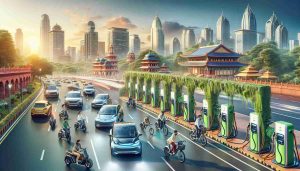 A high-definition, realistic image portraying the rising trend of the electric vehicle (EV) revolution in India. Show the transformation in urban transportation with electric cars from various brands feeding into charging stations, cyclists commuting on electric bikes, and the bustling city background with abundant greenery to represent sustainability. Incorporate visual elements such as Indian culture, traditional architecture, and advanced technology to highlight this shift in gears towards a greener future.