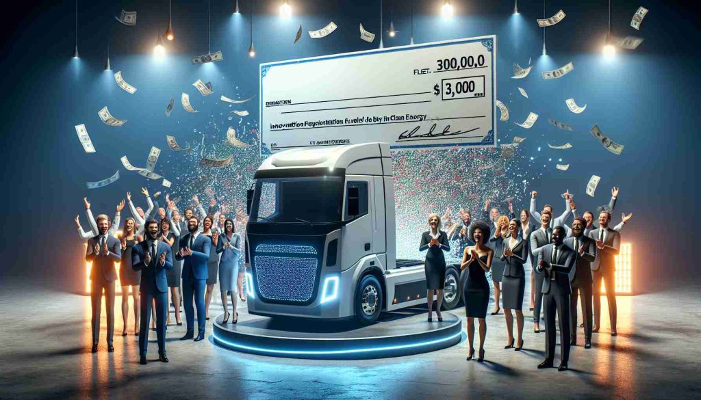 An ultra HD representation of a significant moment in the sector of electric trucks! There is a truck that symbolizes innovation, fuelled by clean energy, standing bold in the spotlight. Behind it, there's an oversized check representing major funding, blanketed in confetti. Well-dressed individuals of different genders and descents (Caucasian, Hispanic, Black, Middle-Eastern, South Asian, East Asian) who signify investors and innovators are seen around, celebrating this breakthrough moment. Their faces are gleaming with excitement, hinting at a significant leap in sustainable transportation.