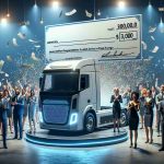 An ultra HD representation of a significant moment in the sector of electric trucks! There is a truck that symbolizes innovation, fuelled by clean energy, standing bold in the spotlight. Behind it, there's an oversized check representing major funding, blanketed in confetti. Well-dressed individuals of different genders and descents (Caucasian, Hispanic, Black, Middle-Eastern, South Asian, East Asian) who signify investors and innovators are seen around, celebrating this breakthrough moment. Their faces are gleaming with excitement, hinting at a significant leap in sustainable transportation.