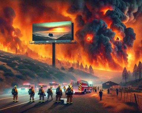 Generate a high-definition, realistic image showing the severity of a raging wildfire in California, set against a backdrop of a deep orange sky mottled with black smoke. The foreground features a team of brave firefighters, of diverse descents and genders, working tirelessly to combat the blaze. Elsewhere, display signs of potential changes in policy and regulation - perhaps a billboard or a projected image in the smoke, heralding new and stricter rules for fire safety measures, symbolizing the hope that these changes could indeed alter the future outcomes of such crises.