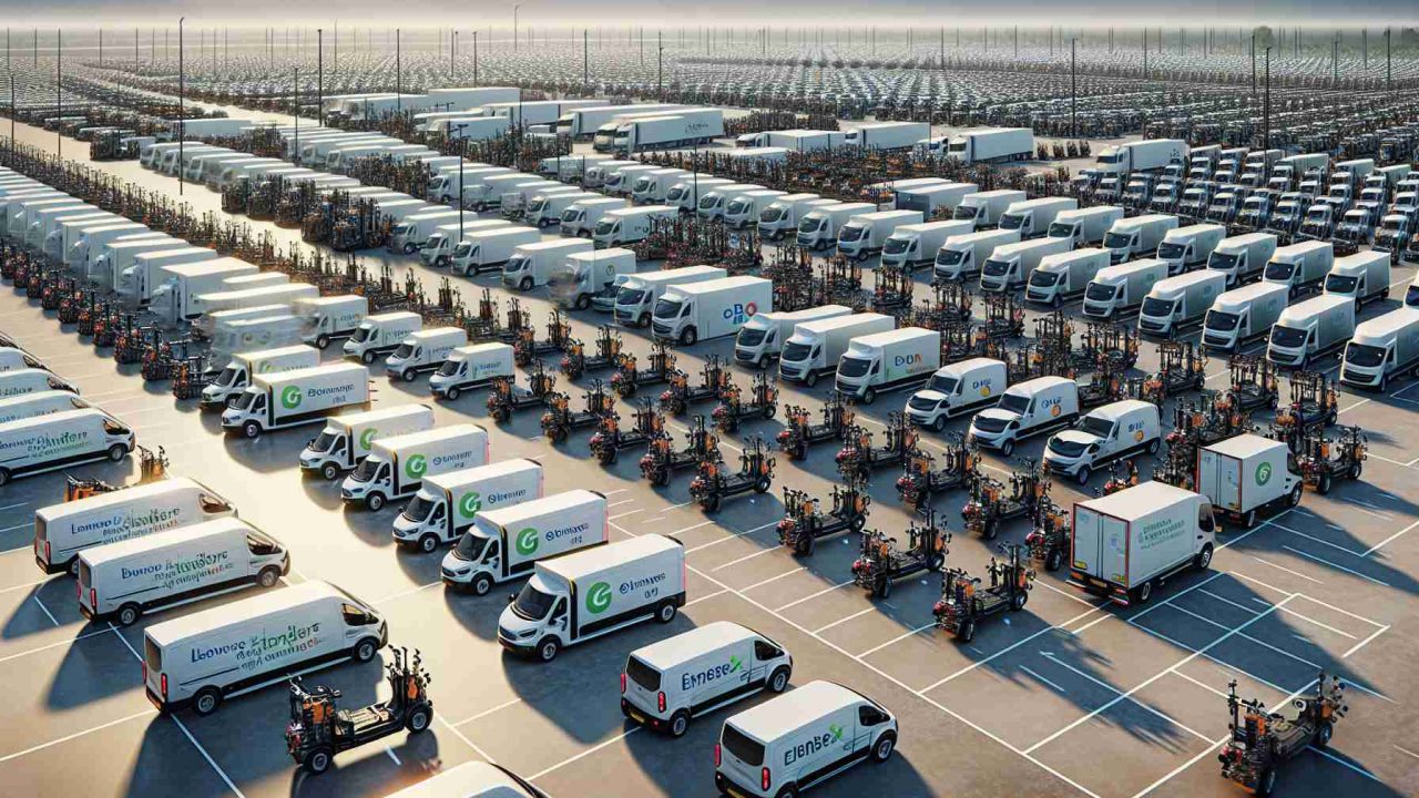 Generate a realistic, high-definition image of a large telecommunications company gearing up to boost the UK's transition towards green energy. Picture rows upon rows of electric vehicles of varying sizes and designs, all branded with the company's logos, ready to be deployed. Around 8,000 vehicles are planned to be incorporated into the company's operations. This change signals a paradigm shift in the company’s operations strategy while contributing to a more sustainable future. Please exclude any specific real company names or logos.