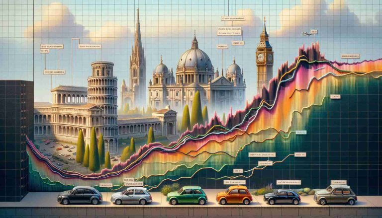 A high-definition, realistic image depicting the fluctuation of car registrations in Europe's markets. The scene shows a graph illustrating an initial surge followed by a decline in registrations. To capture the essence of Europe, famous landmarks such as the Eiffel Tower in France, Big Ben in England, and the Colosseum in Italy subtly make up the backdrop of the chart. The chart is color-coded, with each color representing a different European country, and annotations on the graph show significant dates or events affecting the surge and decline. These annotations may also highlight trends corresponding to economic factors such as recovery or recession.