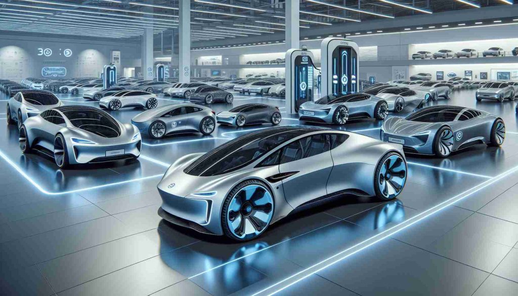 A realistic, high-definition image showcasing cutting-edge electric and hybrid vehicle technology. These futuristic innovations are represented by a variety of vehicles designed for sustainable transport. Each car is marked with stylish, streamlined bodysculpting, large tires, and emblems signifying their electric or hybrid status. Note the inclusion of innovative features such as advanced lighting systems, charging points, and elegant interior designs. The vehicles are parked in a spacious, clean, and modern showroom. The atmosphere exudes anticipation and progress, embodying the spirit of the future. This representation is not associated with any specific manufacturer or company.