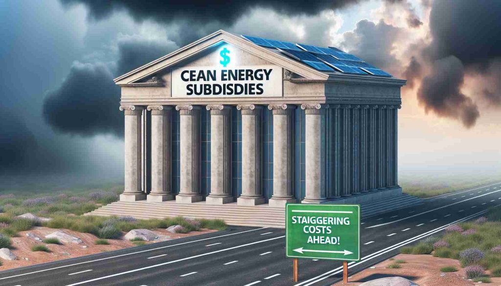 Create an HD image representing the concept of 'Staggering Costs Ahead!' related to clean energy subsidies. Visualize a large, metaphorical bank building under a cloudy weather, an indication of possible financial turmoil. On the building's facade write the words 'Clean Energy Subsidies'. Additionally, add a road sign nearby that says 'Staggering Costs Ahead'. Emphasize the potential financial impact and make it look realistic.