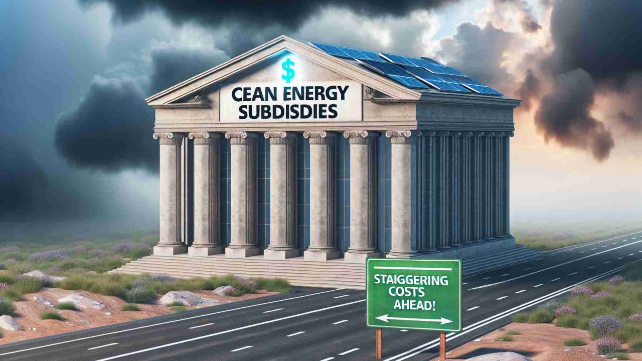 Create an HD image representing the concept of 'Staggering Costs Ahead!' related to clean energy subsidies. Visualize a large, metaphorical bank building under a cloudy weather, an indication of possible financial turmoil. On the building's facade write the words 'Clean Energy Subsidies'. Additionally, add a road sign nearby that says 'Staggering Costs Ahead'. Emphasize the potential financial impact and make it look realistic.