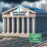 Create an HD image representing the concept of 'Staggering Costs Ahead!' related to clean energy subsidies. Visualize a large, metaphorical bank building under a cloudy weather, an indication of possible financial turmoil. On the building's facade write the words 'Clean Energy Subsidies'. Additionally, add a road sign nearby that says 'Staggering Costs Ahead'. Emphasize the potential financial impact and make it look realistic.