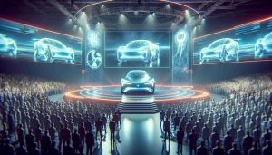 Generate an image with a realistic and high-definition depiction of an announcement for a futuristic, electric car model, namely the 2025 edition of a hypothetical tech-forward automotive brand. The setting is full of excitement and anticipation, with glimpses of the potential exterior design of the car.