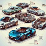 Detailed image showing top five cars of varying designs and builds that are renowned for retaining their value over time. The composition should evoke surprise and curiosity. Importantly, each car should be distinctly Ford, Toyota, Honda, Porsche, and Tesla. Make sure to include informational tags showing the car make and model next to each one. The background should be a little blurred to create a realistic depth-of-field effect and the focus should be on the cars. The image should be in high definition.