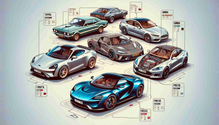 Detailed image showing top five cars of varying designs and builds that are renowned for retaining their value over time. The composition should evoke surprise and curiosity. Importantly, each car should be distinctly Ford, Toyota, Honda, Porsche, and Tesla. Make sure to include informational tags showing the car make and model next to each one. The background should be a little blurred to create a realistic depth-of-field effect and the focus should be on the cars. The image should be in high definition.