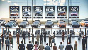 A high-definition, realistic portrayal of a momentous change in the automobile industry. The image should showcase a car dealership lot with various types of vehicles, such as sedans, SUVs, and trucks. Display tags on these vehicles indicating that customers can choose their preferred powertrain - be it gasoline, diesel, or electric - at no additional cost. Create a sense of excitement and revolution by showing potential customers, of various genders and descents like Caucasian, Black, Hispanic, Asian, studying the offers with enthusiasm and disbelief.