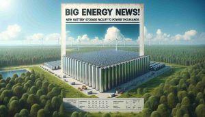 Generate a high-definition, realistic image of a poster depicting the headline 'Big Energy News! New Battery Storage Facility to Power Thousands'. The poster should feature a large, modern battery storage facility with enormous energy cells. The facility is set against a clear blue sky, symbolizing a bright future. Around the facility is lush greenery, demonstrating the balance between technology and nature. There should also be text on the poster that emphasizes the massive capacity of the facility, perhaps including statistics such as the number of homes that can be powered.