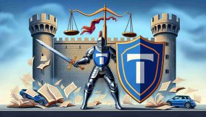 An illustrative high definition image of a symbolic legal battle. It should depict an electric car manufacturing company taking firm legal actions against hypothetical tariffs. The scene could represent the company as a knight with its logo (a stylized 'T') enshrined on its shield, brandishing a sword of legal documents, while facing a towering castle emblazoned with insignia representing EU laws. The background should encompass the spirit of a fight for fair competition with balance scales and gauntlets tossed in the air, hinting at the complexity of international trade laws.