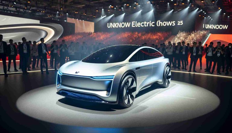 High definition, realistic photo showcasing an unknown electric car brand making a grand impact at a popular tech show in 2025. With its innovative design and cutting-edge technology, the vehicle is prepared to leave the spectators in awe.