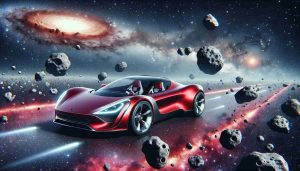 A high-definition and realistic depiction of a futuristic red electric sports car, reminiscent of roadster designs, journeying through the cosmic expanse. Picture the car floating in the infinity of the cosmos, its headlights illuminating the starry void as it silently approaches a cluster of asteroids. The asteroid cluster ahead should be a variety of sizes, with the largest ones showing intricate details of craters, minor planetesimal collisions and rugged surfaces. Capture the awe-inspiring nature of space exploration, painting a vivid narrative of a nonliving object venturing into the unknown.