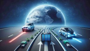 Generate a realistic, high-definition illustration symbolizing the fluctuating state of the Electric Vehicle industry and its potential future changes. This could include aspects like a partially charged battery suggesting uncertainty, an electric car on a road diverting towards two paths symbolizing potential directions for the industry, or a globe in the background portraying the global impact of these decisions.