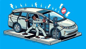 High-definition image showcasing a humorous situation featuring a popular TV character not based on a real person, having trouble while attempting to exit an electric vehicle. The design flaws of the car should be highlighted showing how it impedes the character's smooth exit.