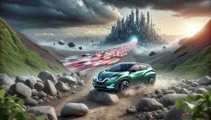 A realistic high-resolution photo depicting the metaphor of Nissan's electric vehicle (EV) plans being in jeopardy. Maybe visualize this as a traditional painted green Nissan EV on a rocky road facing several challenges represented by obstacles such as boulders or potholes. On the horizon, a swift, electrically-charged market symbolized by a futuristic city full of advanced electric vehicles is visible, racing ahead and leaving a cloud of dust behind.