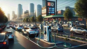 Realistic, high-definition image of a city scene in Waterford. The focus should be on a variety of electric vehicle charging stations that are few and far in between. Reflect the dilemma of the city trying to catch up with the demand for EV infrastructure. Show different types of electric cars waiting in line, indicating the demand outstripping the supply. Also, portray regular gas stations operating smoothly in the background, highlighting the contrast.