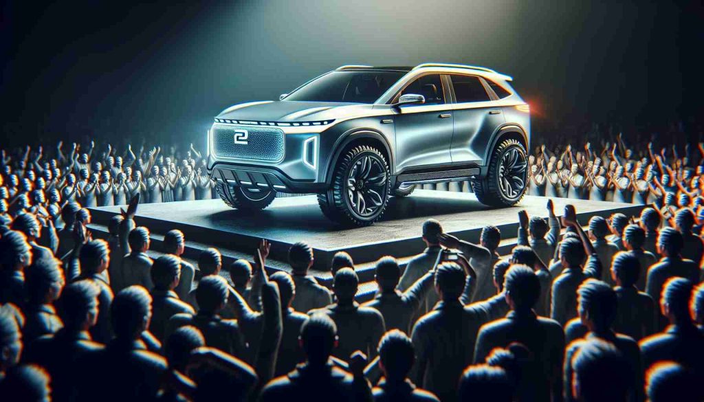 A detailed, HD image of a new electric SUV making a bold entry into the Indian market. The SUV, labeled as VF7, boasts prominent features such as an eco-friendly design, sleek body contours, and cutting-edge technology. The vehicle should be presented as the star of the scene, with throngs of onlookers eagerly waiting to catch a glimpse of this new player in the electric vehicle industry.