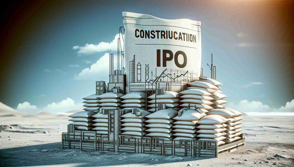 Visualize a realistic and high definition photo of a future construction site representing innovation. It should embody advanced technology and methods, and correspond with the prospects of an innovative Initial Public Offering (IPO) by a large but unspecified cement company. The pile of cement bags should have the label 'Construction Corporation IPO'.