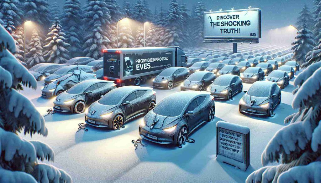 High-definition, realistic image illustrating the narrative of electric vehicles (EVs) in a winter context. This scene should depict several sleek EVs parked in a snowy environment, signifying the notion of 'promised EVs'. However, only a few of them should have their engine on, headlights glowing, symbolizing the few that are 'delivered'. To add a sense of intrigue, include a hint of a hidden, shocking truth, perhaps a billboard or sign in the background with the phrase 'Discover the Shocking Truth!'