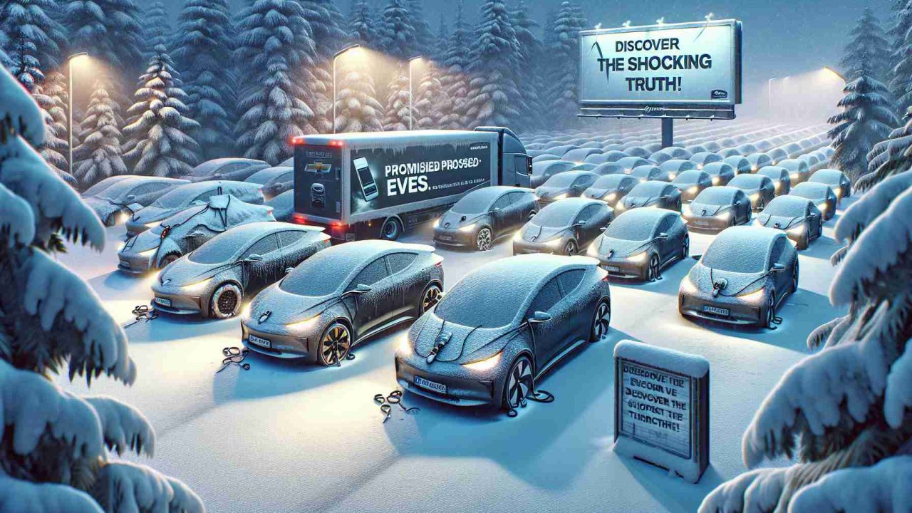 High-definition, realistic image illustrating the narrative of electric vehicles (EVs) in a winter context. This scene should depict several sleek EVs parked in a snowy environment, signifying the notion of 'promised EVs'. However, only a few of them should have their engine on, headlights glowing, symbolizing the few that are 'delivered'. To add a sense of intrigue, include a hint of a hidden, shocking truth, perhaps a billboard or sign in the background with the phrase 'Discover the Shocking Truth!'