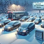 High-definition, realistic image illustrating the narrative of electric vehicles (EVs) in a winter context. This scene should depict several sleek EVs parked in a snowy environment, signifying the notion of 'promised EVs'. However, only a few of them should have their engine on, headlights glowing, symbolizing the few that are 'delivered'. To add a sense of intrigue, include a hint of a hidden, shocking truth, perhaps a billboard or sign in the background with the phrase 'Discover the Shocking Truth!'