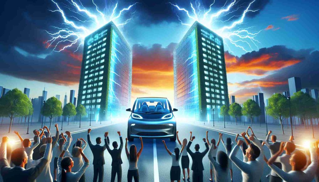 Generate a realistic High Definition image depicting the headline 'Big News for EV Fans! Two Giants Unite for a Game-Changing Partnership'. Showcase an electric vehicle between two imposing corporate buildings symbolizing the partnership, the sky is celebrating with electrifying thunderbolts, while the foreground displays ecstatic individuals from different Descent and Genders looking at the spectacle.