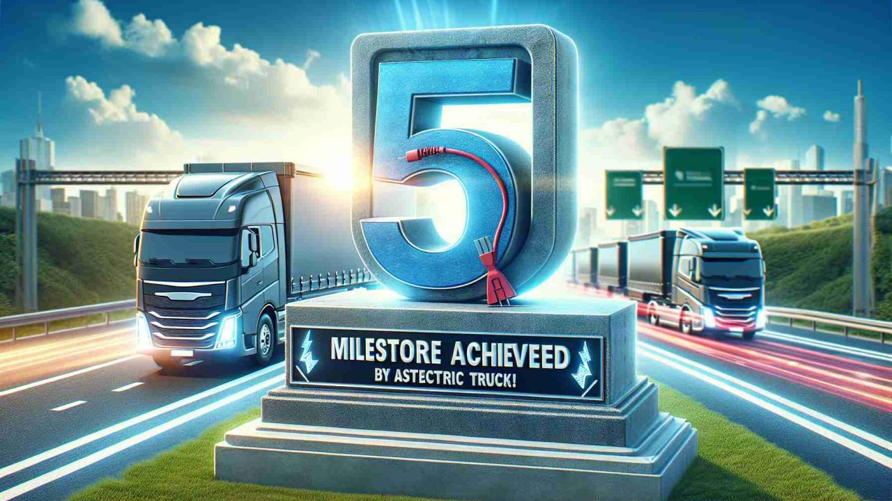 Generate a high-definition, realistic image featuring a large, symbolic milestone marker labeled as '5 Million Miles'. In the background, there are attractive electric trucks speeding along a highway, indicating the achievement made by an abstract electric truck company. The sky is bright with sunshine, and the title 'Milestone Achieved!' is written in large, enthusiastic letters in the skyline.