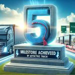 Generate a high-definition, realistic image featuring a large, symbolic milestone marker labeled as '5 Million Miles'. In the background, there are attractive electric trucks speeding along a highway, indicating the achievement made by an abstract electric truck company. The sky is bright with sunshine, and the title 'Milestone Achieved!' is written in large, enthusiastic letters in the skyline.