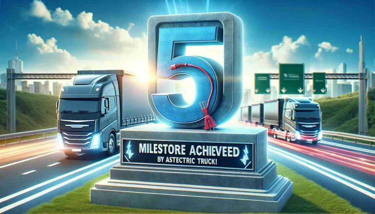 Generate a high-definition, realistic image featuring a large, symbolic milestone marker labeled as '5 Million Miles'. In the background, there are attractive electric trucks speeding along a highway, indicating the achievement made by an abstract electric truck company. The sky is bright with sunshine, and the title 'Milestone Achieved!' is written in large, enthusiastic letters in the skyline.