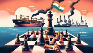 Illustration of an Indian Oil Corporation's significant decision of importing sour crude oil again. The image should convey the heaviness of the decision-making process in corporate strategy. Use a metaphor for boldness, like a chess piece making a strong move on the board. Please include a cargo ship laden with crude oil, demonstrating the import action. Maintain a realistic high-definition style.