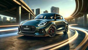 A realistic and high-definition photograph of a new model of a sports car, specifically a Swift Sport variant from a popular Japanese car manufacturer. The image captures the car's sleek design, its vibrant color, and its powerful stance, ready for a thrilling drive. Note the distinctive features such as the aerodynamic shape, sporty interiors, and the aggressive front grill. The backdrop contrasts the urban setting with a serene sunset. A caption wheels up saying 'The Return of a Classic! Are you ready?'