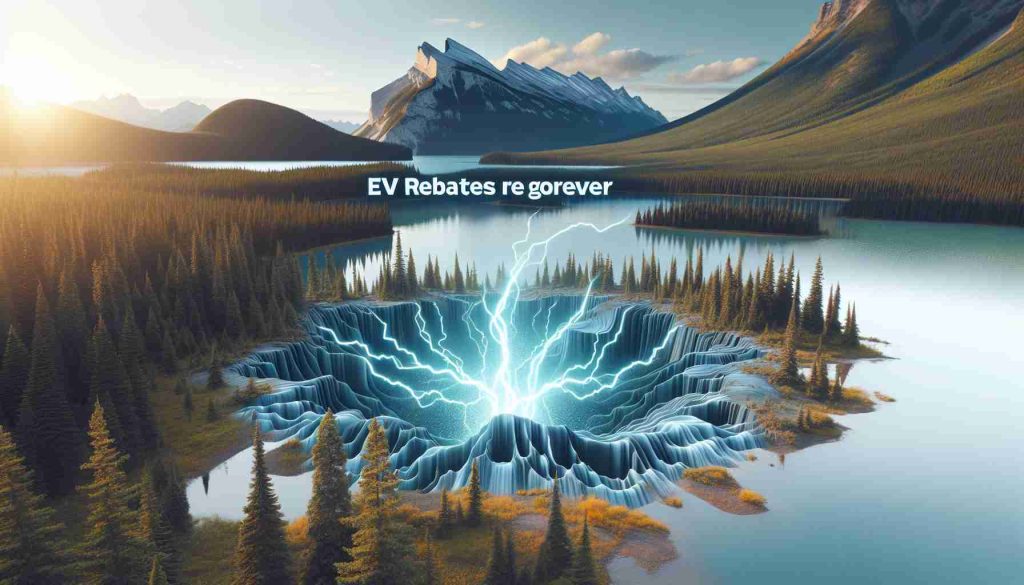 Generate a realistic, high-definition image displaying the visual phenomenon of shockwaves occurring in the natural landscape of Canada, with its vast forests, breathtaking mountains, and serene lakes. Overlay this image with a text banner reading 'EV Rebates Are Gone Forever,' to suggest the discontinuation of an Electric Vehicle discount scheme.