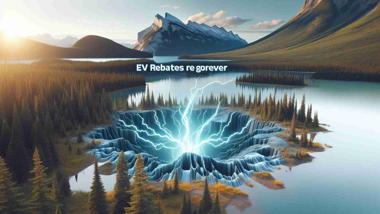 Generate a realistic, high-definition image displaying the visual phenomenon of shockwaves occurring in the natural landscape of Canada, with its vast forests, breathtaking mountains, and serene lakes. Overlay this image with a text banner reading 'EV Rebates Are Gone Forever,' to suggest the discontinuation of an Electric Vehicle discount scheme.