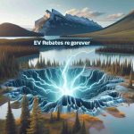 Generate a realistic, high-definition image displaying the visual phenomenon of shockwaves occurring in the natural landscape of Canada, with its vast forests, breathtaking mountains, and serene lakes. Overlay this image with a text banner reading 'EV Rebates Are Gone Forever,' to suggest the discontinuation of an Electric Vehicle discount scheme.