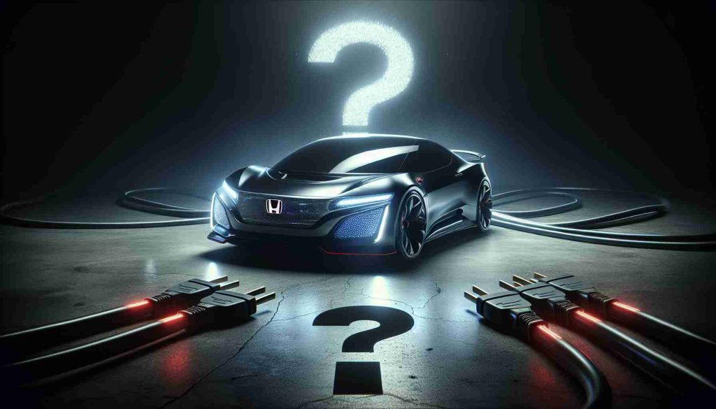 A high-definition, realistic image showing the concept of uncertainty surrounding the future of Honda electrifying its Type R experience. The picture could feature a futuristic electric Honda Type R car model with question marks or electric symbols surrounding it, signaling the unsure future of this endeavor. The atmosphere should be mysterious, with the futuristic car illuminated under a dim, moody light, contrasted against a dark background.