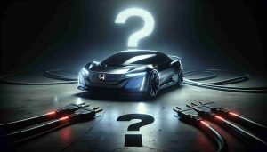 A high-definition, realistic image showing the concept of uncertainty surrounding the future of Honda electrifying its Type R experience. The picture could feature a futuristic electric Honda Type R car model with question marks or electric symbols surrounding it, signaling the unsure future of this endeavor. The atmosphere should be mysterious, with the futuristic car illuminated under a dim, moody light, contrasted against a dark background.