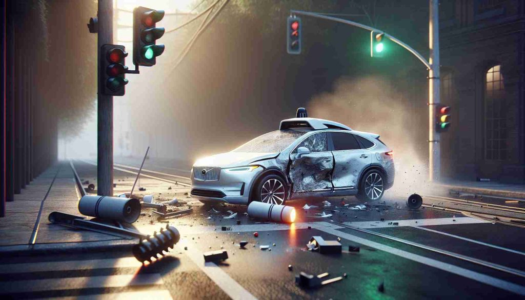 A high definition realistic representation of the aftermath of an unfortunate accident, evidencing the potential risks associated with autonomous vehicle technology. The scene captures a self-driving car beside a broken traffic light, with visible damage to the car and surrounding area. The atmosphere of the scene evokes public debate on the safety and benefits of self-driving technology.