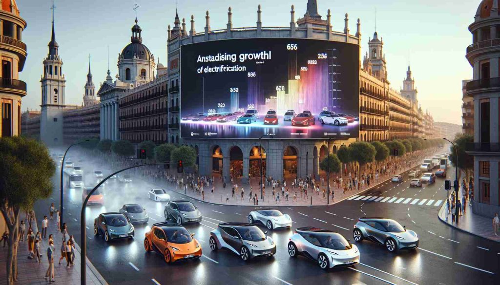 A high-definition, realistic image that portrays an incredible growth of electric vehicles in Spain. The scene includes various electric cars of different styles and colors, driving on the bustling roads amidst historical Spanish buildings. Billboards and electronic screens displaying projections of an astonishing increase in electrification are scattered around the scene, creating an atmosphere of anticipation and excitement.