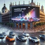 A high-definition, realistic image that portrays an incredible growth of electric vehicles in Spain. The scene includes various electric cars of different styles and colors, driving on the bustling roads amidst historical Spanish buildings. Billboards and electronic screens displaying projections of an astonishing increase in electrification are scattered around the scene, creating an atmosphere of anticipation and excitement.