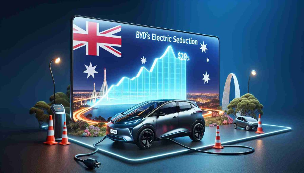 Generate a realistic high-definition image of a large price drop associated with the BYD's Electric Seduction for Australia. This concept can be represented as a graph on a digital display, with a steep downward curve to signify the reduction in price. Beside it, showcase a sleek, modern electric vehicle that symbolizes 'BYD's Electric Seduction'. Surround these elements with an Australian landscape or iconic Australian symbols to give context to the location.